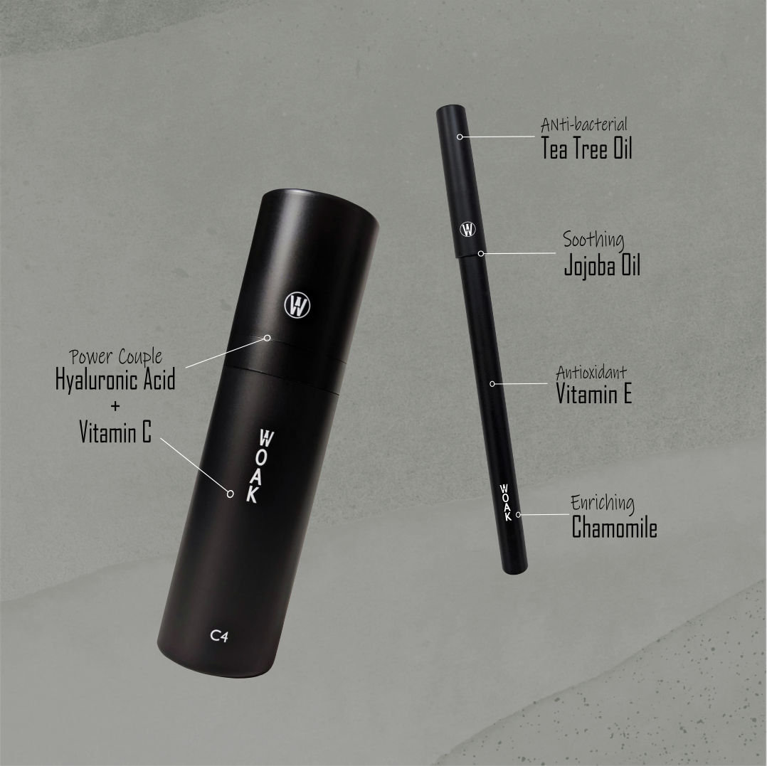 Ingredients: Stealth Fighter Pen has Tea Tree Oil, Jojoba Oil, Vitamin E, Chamomile and C4 (Color Correcting Camo Complex) has Hyaluronic Acid Vitamin C Power Couple