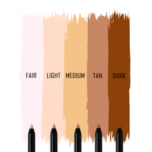 Load image into Gallery viewer, Color shade chart for the Stealth Fighter Concealer Pen for Men. Starting from the left side to the right, the colors are Fair, Light, Medium, Tan, and Dark
